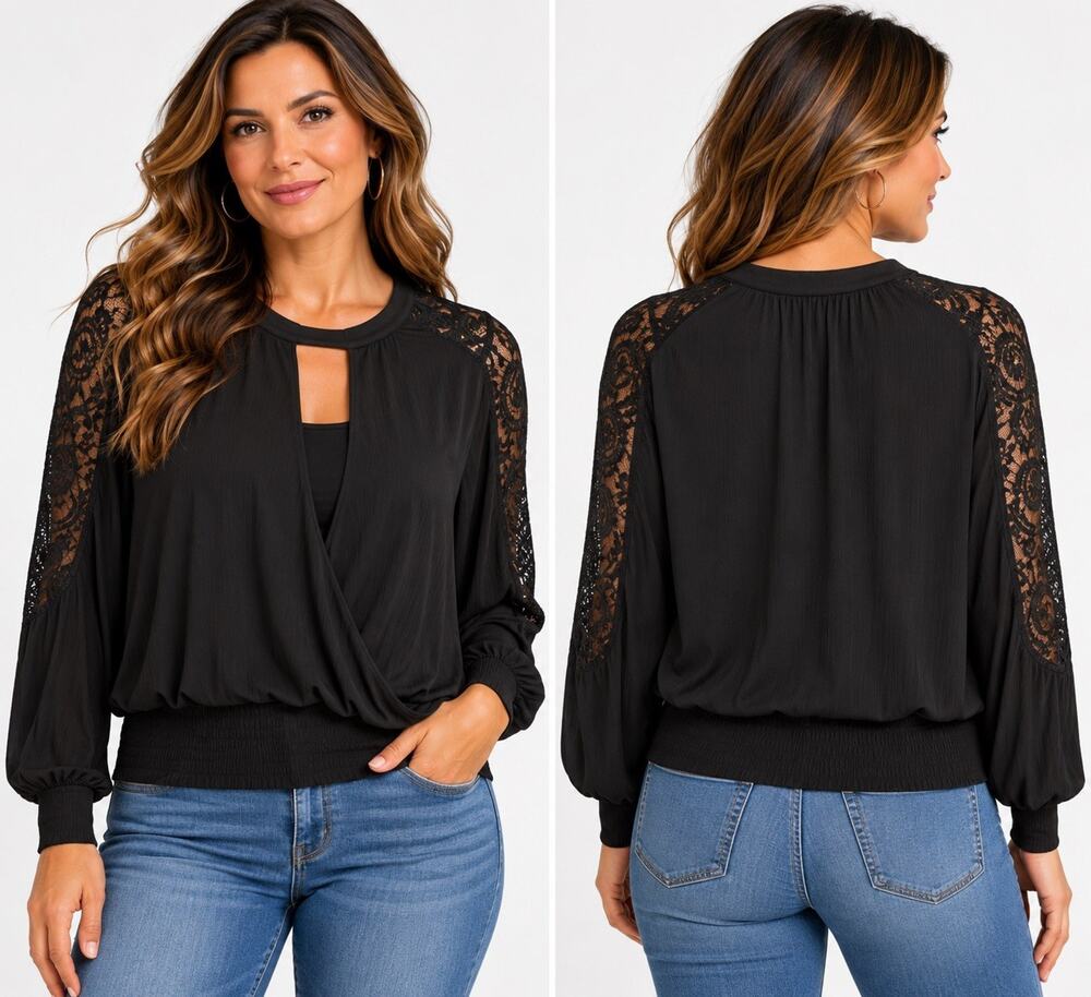 Joseph A. Black Lace Shoulder Draped Blouse Long Sleeve Women’s Top. Size Large